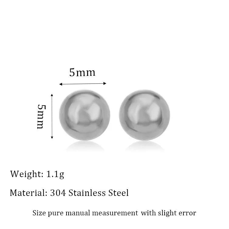 Minimalist stainless steel ball stud earrings in gold and silver tones, showing 3mm 4mm 5mm 6mm size difference.