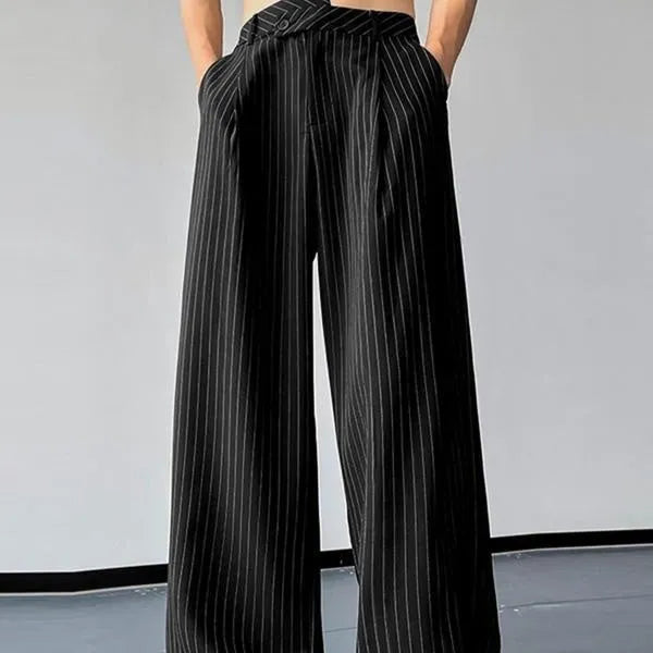 Black men's casual trousers with vertical stripes and pleated design on mannequin