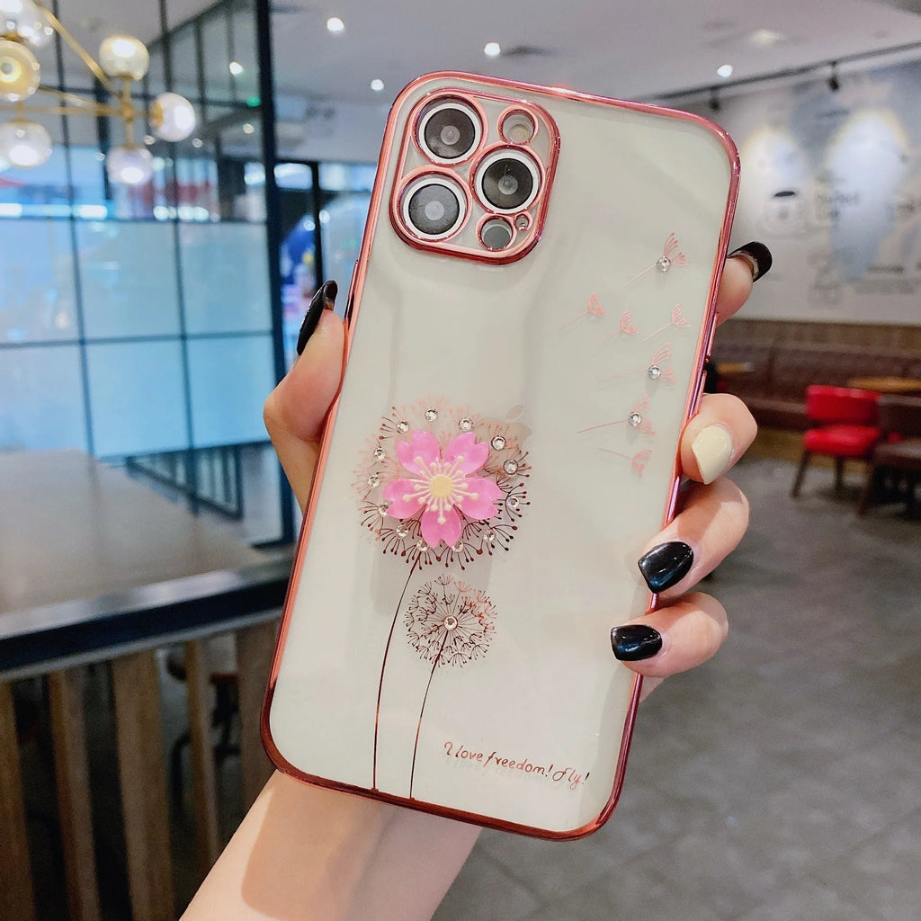 Green TPU iPhone case with a 3D floral spin stand holder on the back and a built-in screen protector.