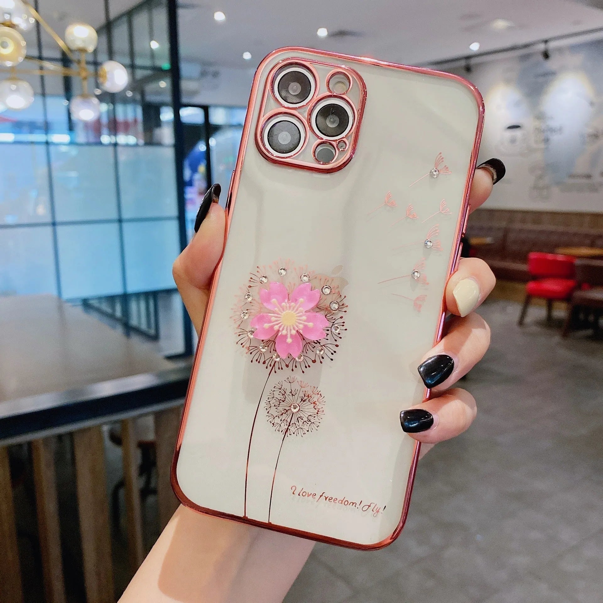 Green TPU iPhone case with a 3D floral spin stand holder on the back and a built-in screen protector.