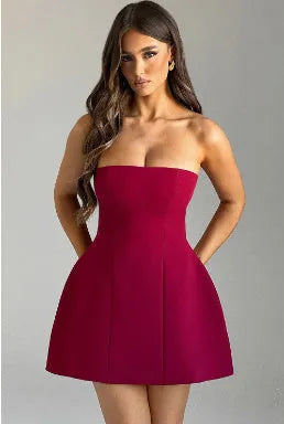 Backless women's tube dress with high waist and A-line skirt in solid colour options