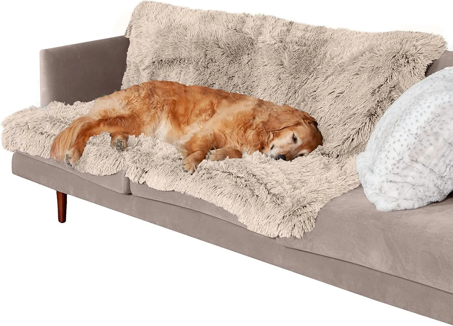 Plush waterproof dog cushion in dark grey, double-layer thickening design with four size options