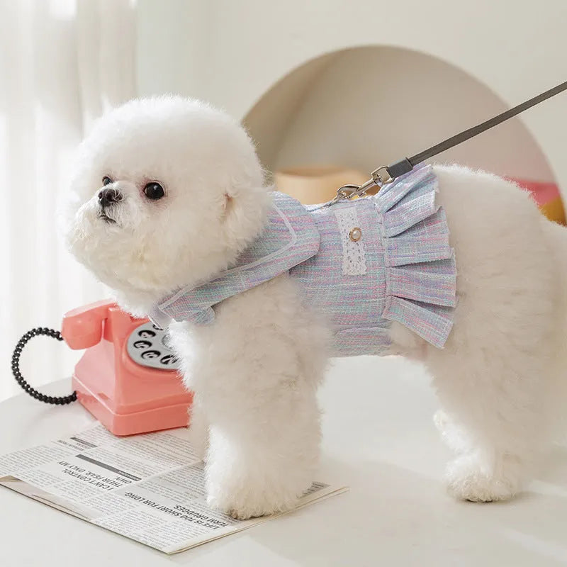 Purple and pink polyester pet clothing for small dogs and cats, showing sizes S, M, L, and XL.