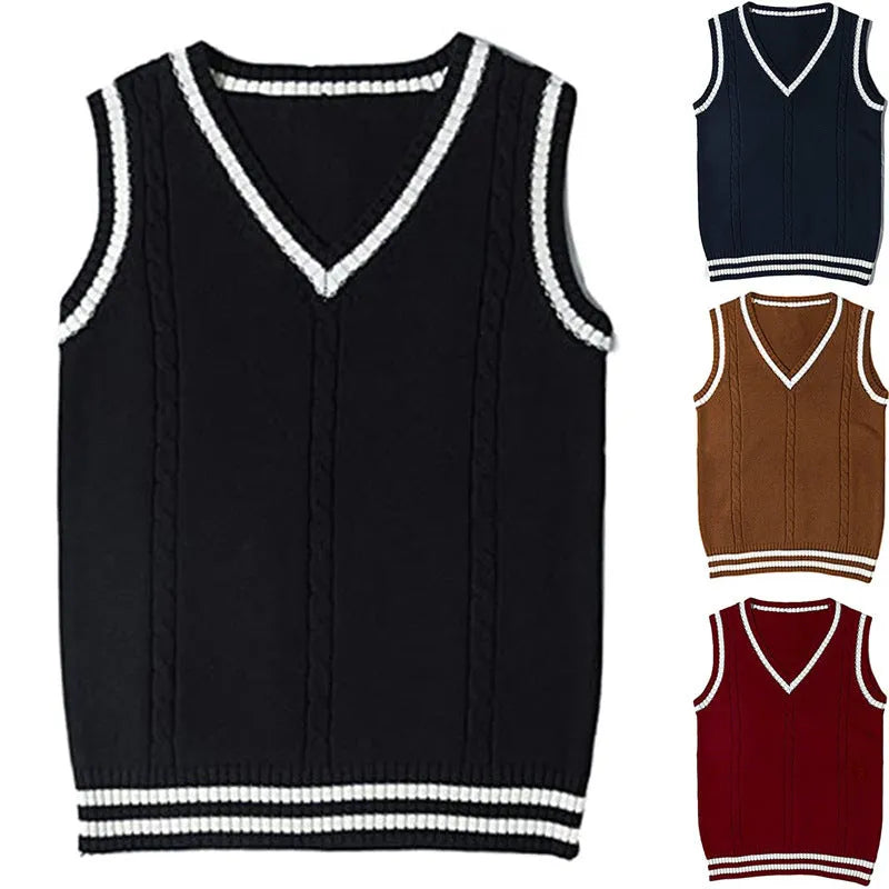 Women's slim fit V-neck knitted waistcoat sweater with striped stitching in acrylic fabric.