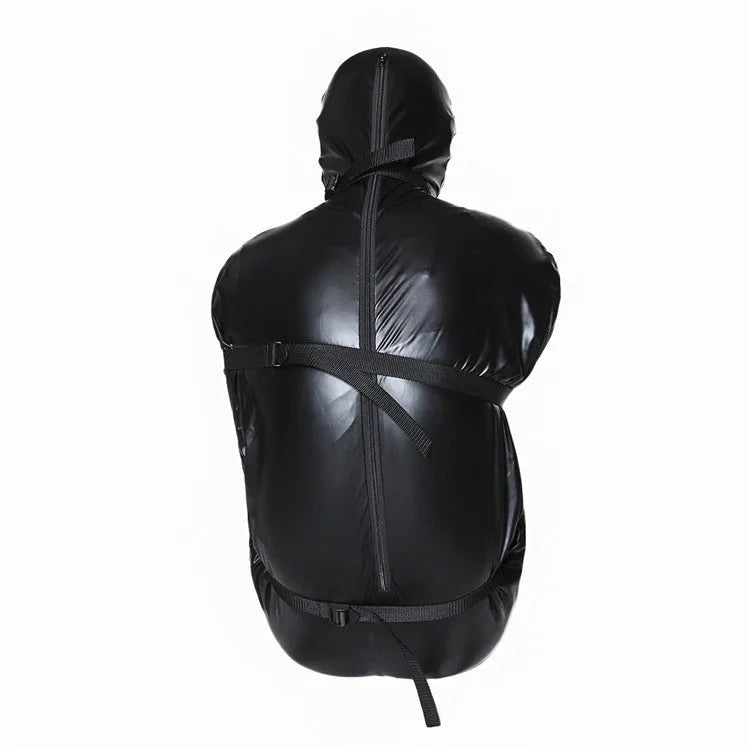 Black patent leather bondage kit showing body wrap garment and six ratchet tie-down straps