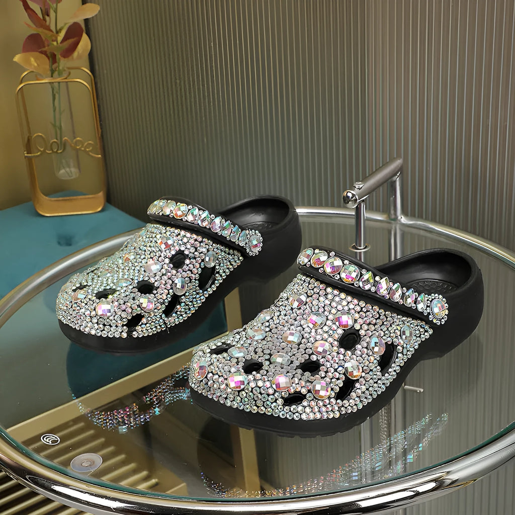 Black women's platform sandals with rhinestone detailing on EVA material