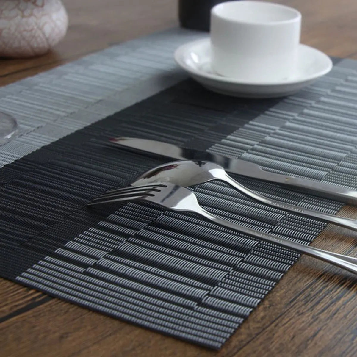 PVC non-slip placemat in modern minimalist style showing gradient bamboo and metallic colour options