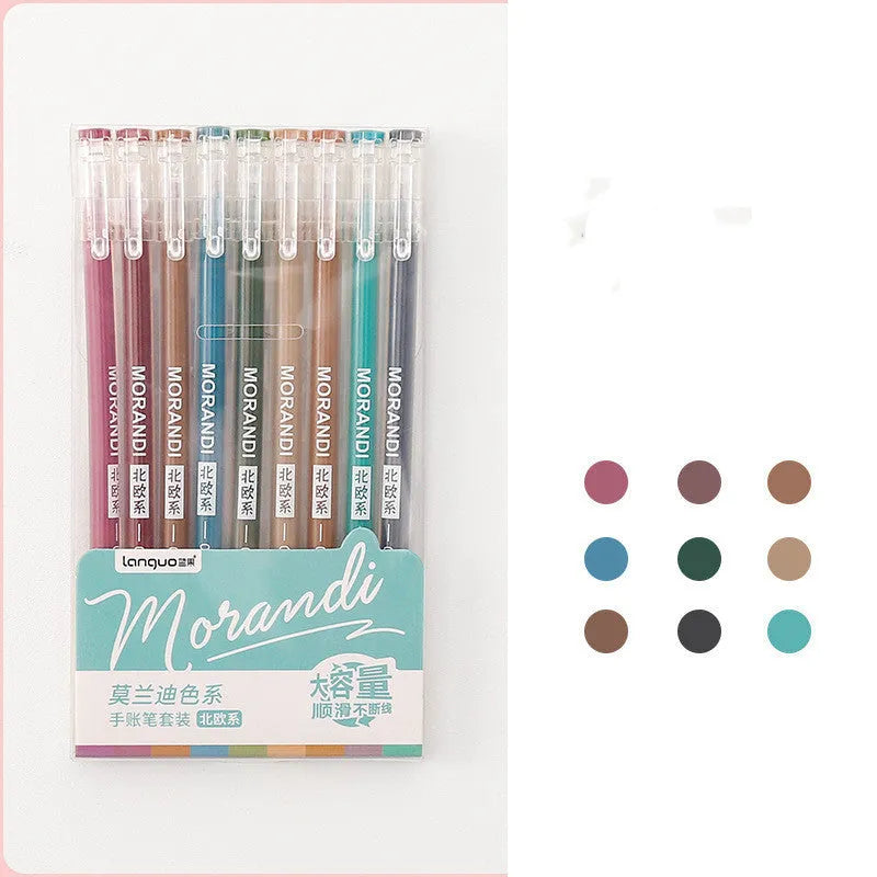 Set of nine retro-style Japanese gel pens with needle tips, shown in a choice of four colour series.