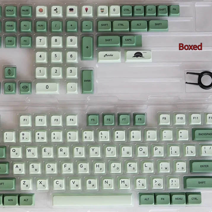 124 Key Matcha themed PBT dye-sublimation keycap set for mechanical keyboards, showing multiple language layout options.