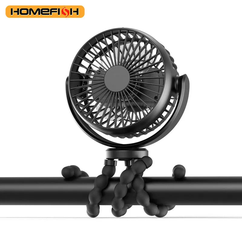 HOMEFISH F2 handheld fan with automatic shaking head, LED light, and removable bracket on a table.