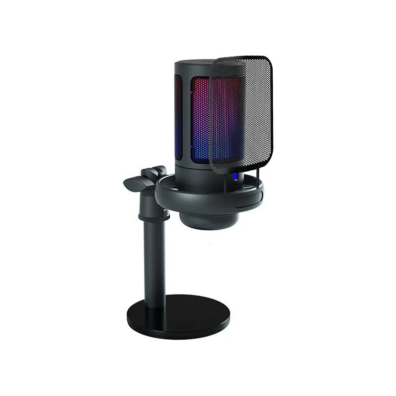 USB condenser microphone with colourful design showing heart-shaped polar pattern indicator