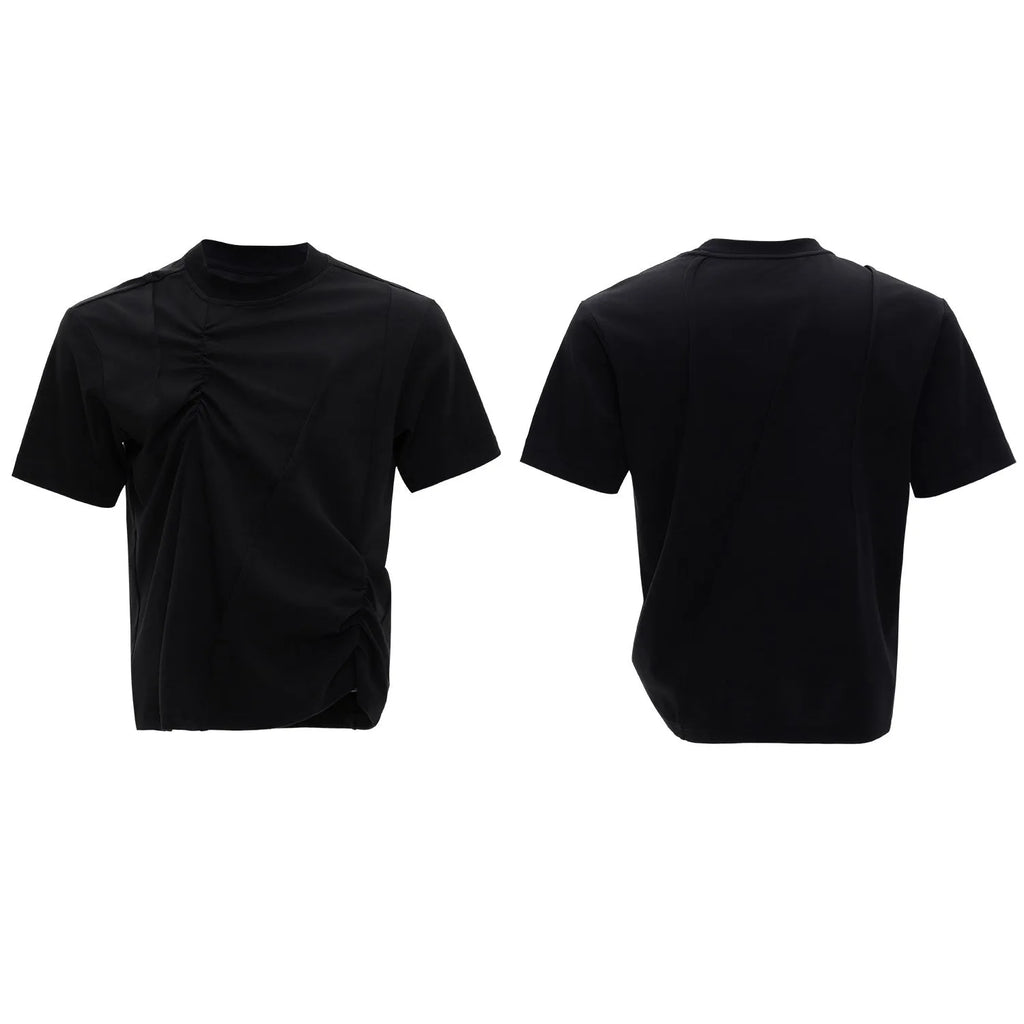 Men's grey cotton T-shirt with loose fit, round neck, short sleeves, and textured three-dimensional pleats.