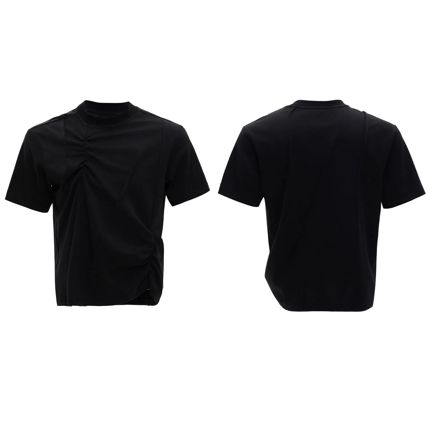 Men's grey cotton T-shirt with loose fit, round neck, short sleeves, and textured three-dimensional pleats.