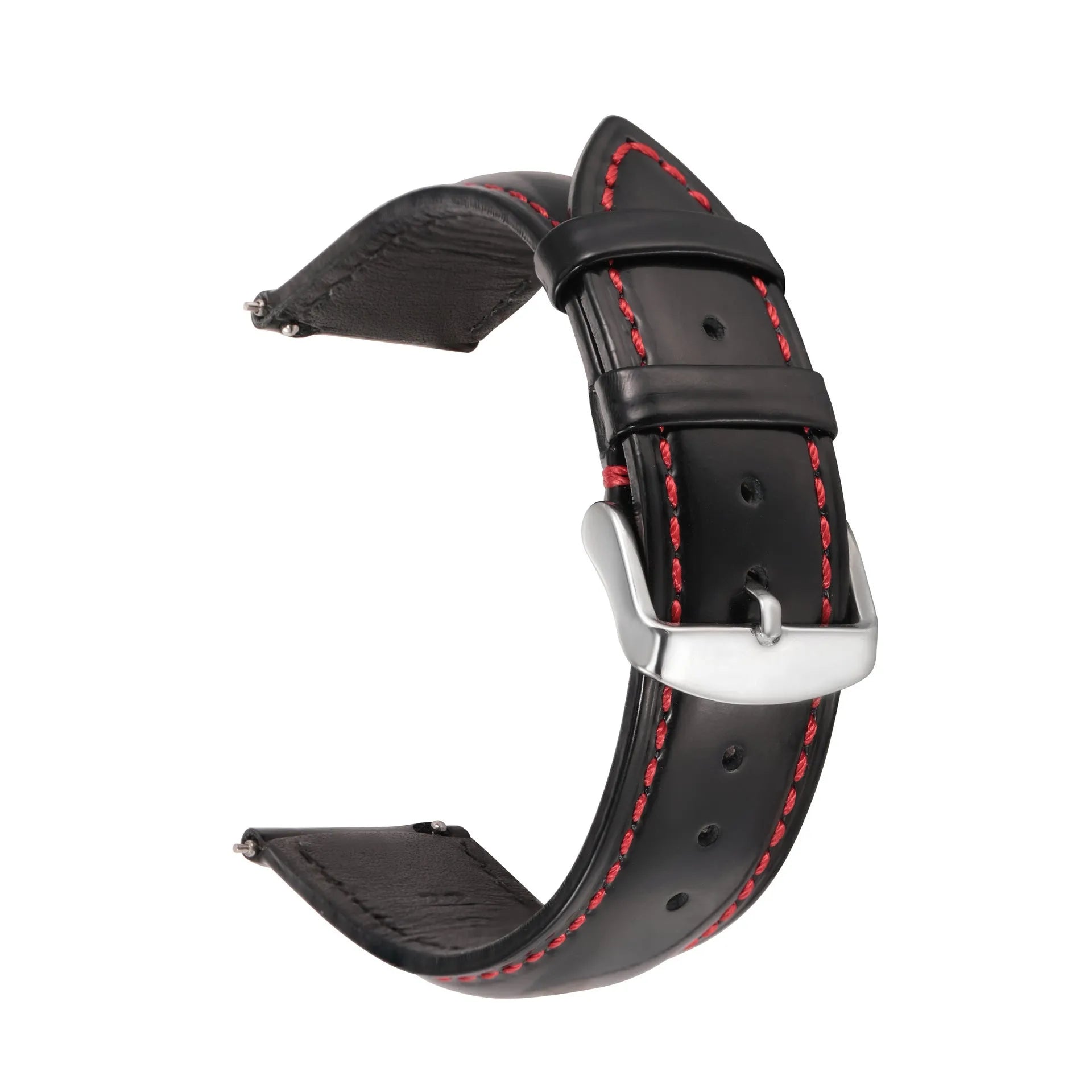 Quick release cowhide leather watch strap in black and white line colour on a watch.