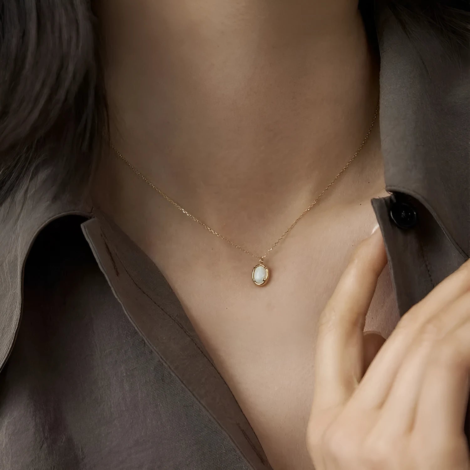 Geometric jelly opal pendant on a chain, made from 925 silver with gold or white gold plating.