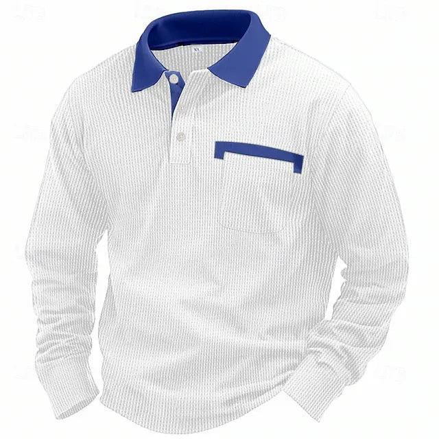Men's long-sleeved waffle polo shirt in solid colour with asymmetric design details