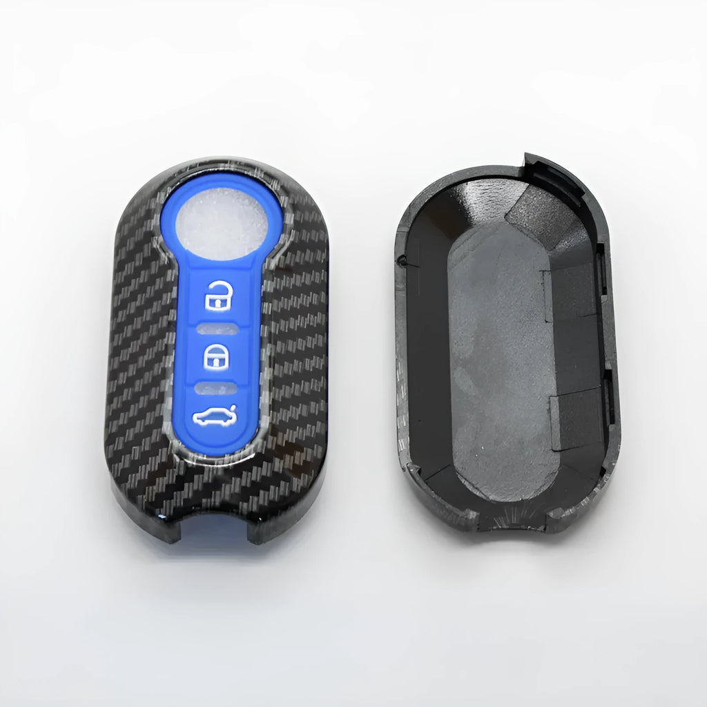 Fiat 500 replacement key case with carbon fibre texture in black, blue, or red