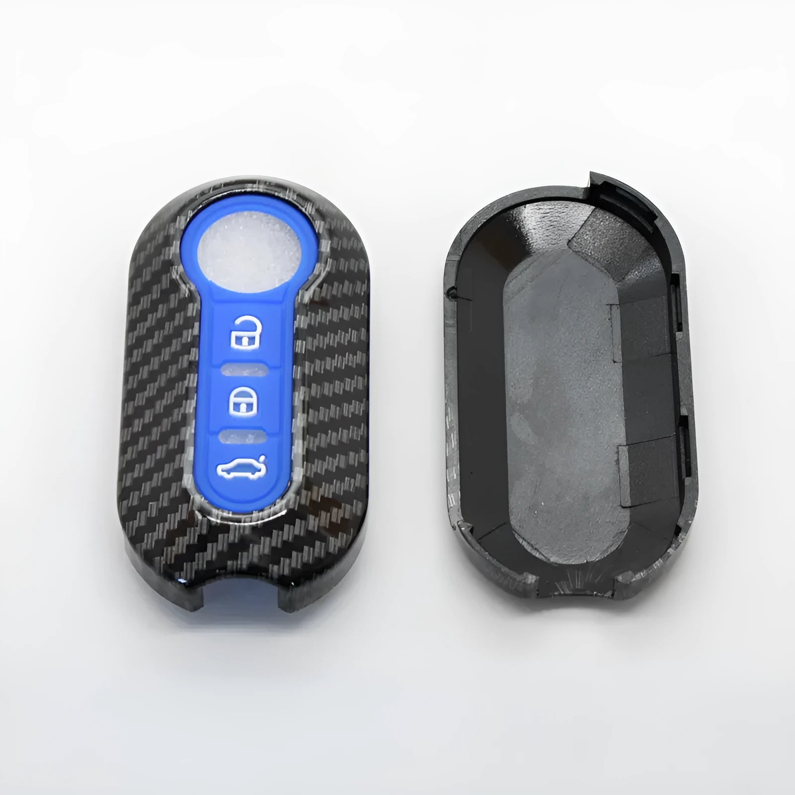 Fiat 500 replacement key case with carbon fibre texture in black, blue, or red