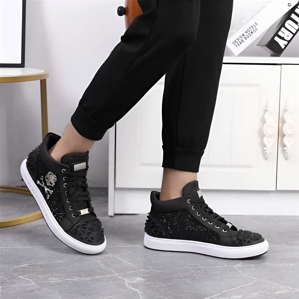 Men's black high-top skeleton shoes with genuine leather upper and lace-up closure on a rubber sole.