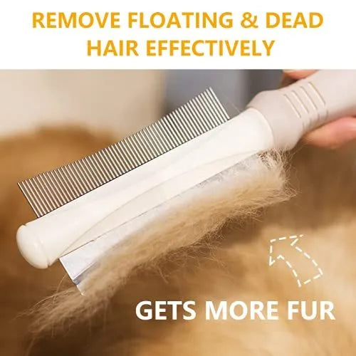 White double-sided pet deshedding brush and grooming comb with curved head and ergonomic handle.