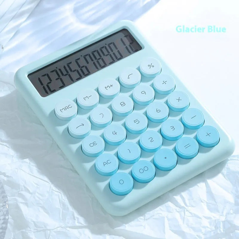 ABS desktop calculator with gradient colour finish in cherry blossom powder, glacier blue, mint green, or violet options