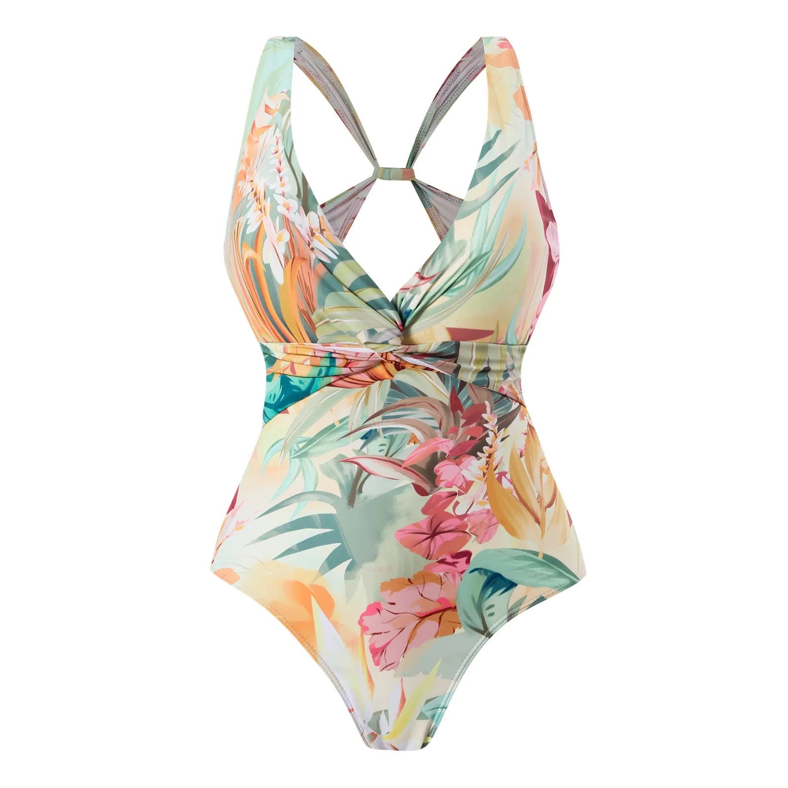 Conservative vintage print one-piece swimsuit with short sleeves in yellow flower pattern