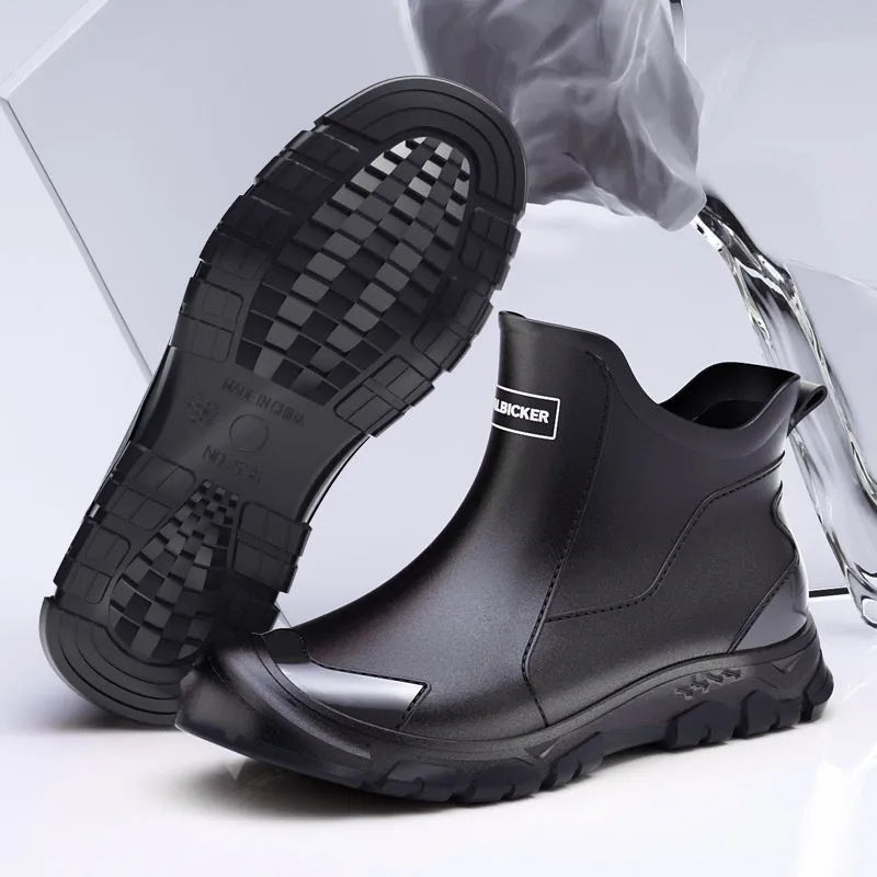 PVC short tube outdoor wading shoes with non-slip soles in black and red colour option