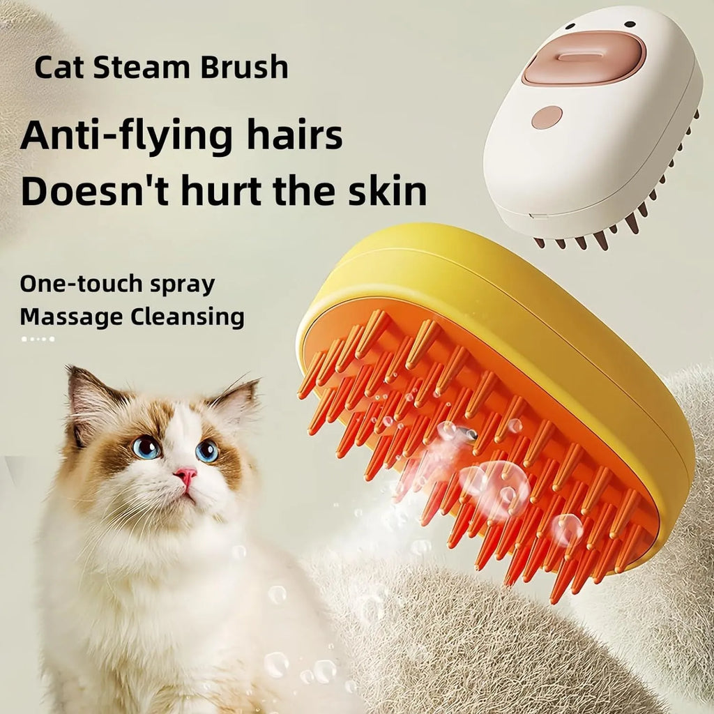 White rechargeable pet steam brush with rubber teeth and water tank for dogs and cats