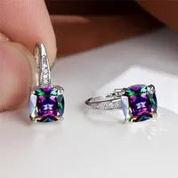 Square geometric ear hook earrings with zircon stones in an electroplated copper setting.