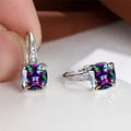 Square geometric ear hook earrings with zircon stones in an electroplated copper setting.