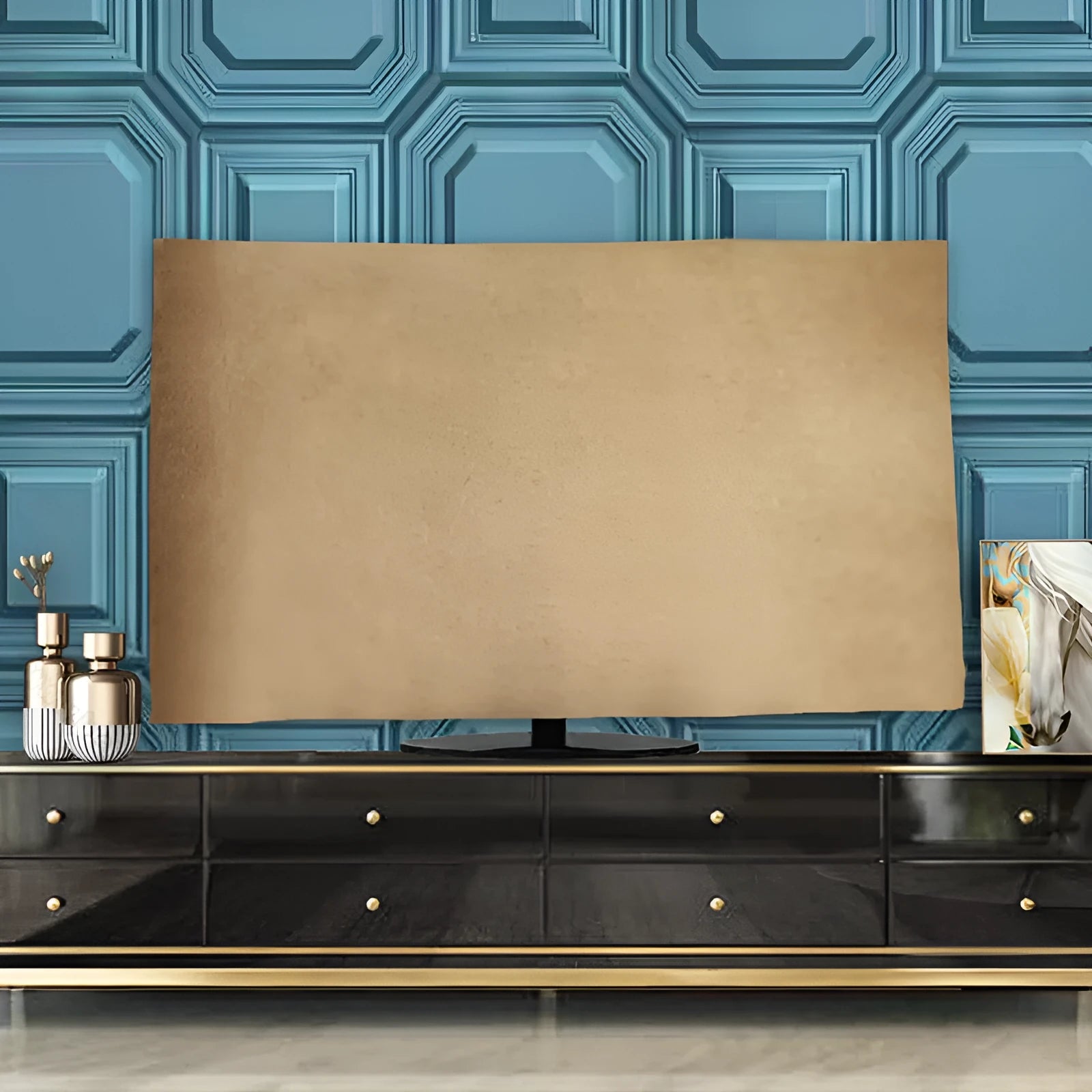 Soft pink velvet dust cover draped over a 55-inch flat screen LCD television.
