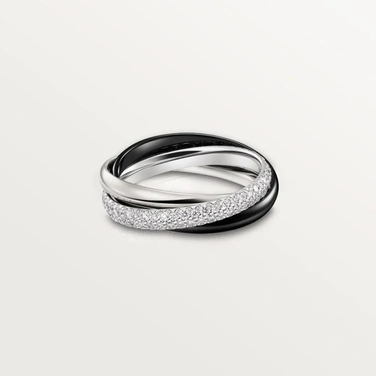 A silver couple ring with a U-shaped geometric design, shown in a choice of full diamond, half diamond, or no diamond settings.