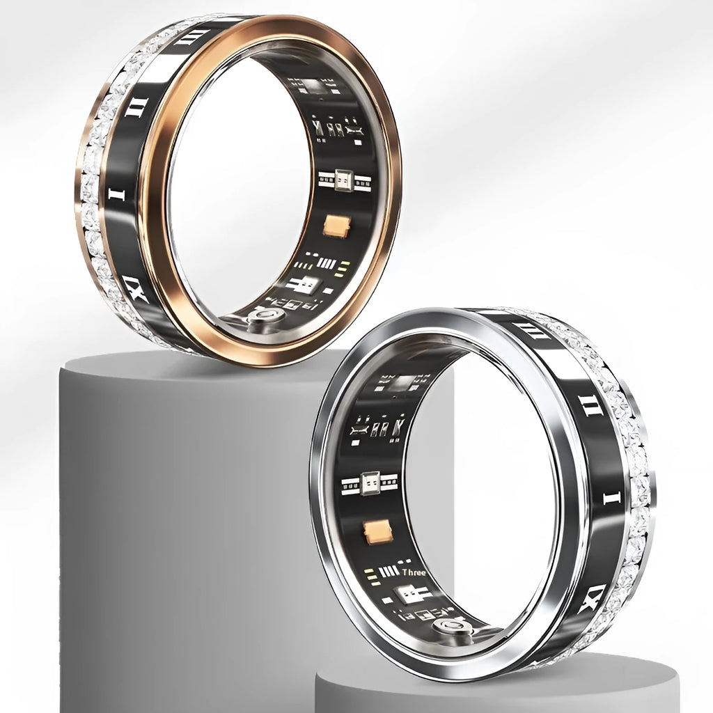 Diamond-inlaid smart ring in silver or gold with blood oxygen monitoring, shown with charging cable