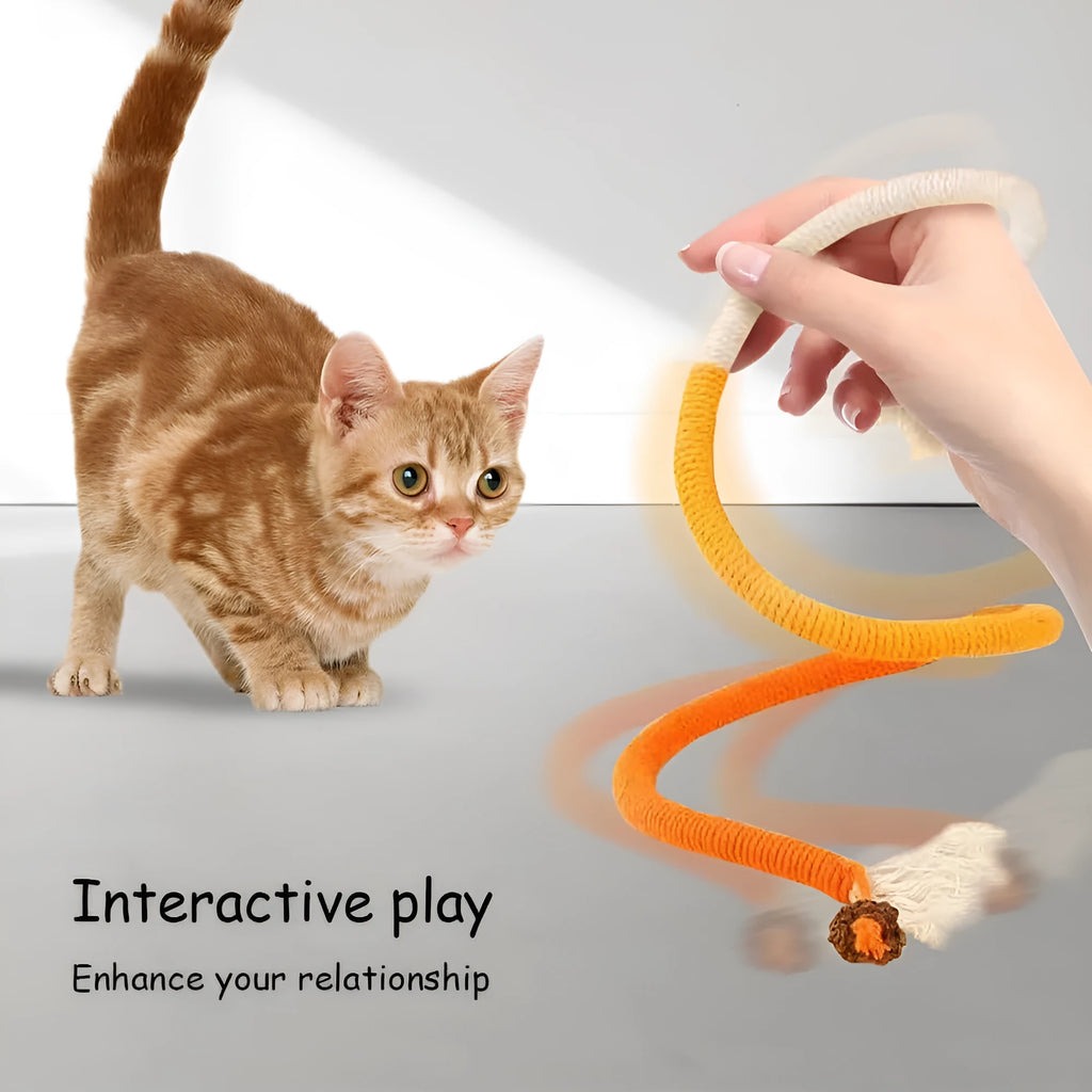 Long purple, orange, and red-with-green cotton rope cat toys stuffed with catnip for biting and playing.