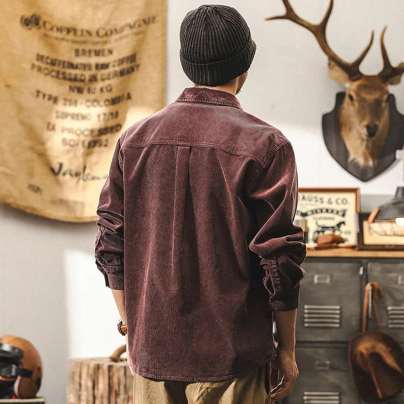 Men's red corduroy shirt jacket with long sleeves and loose fit casual design
