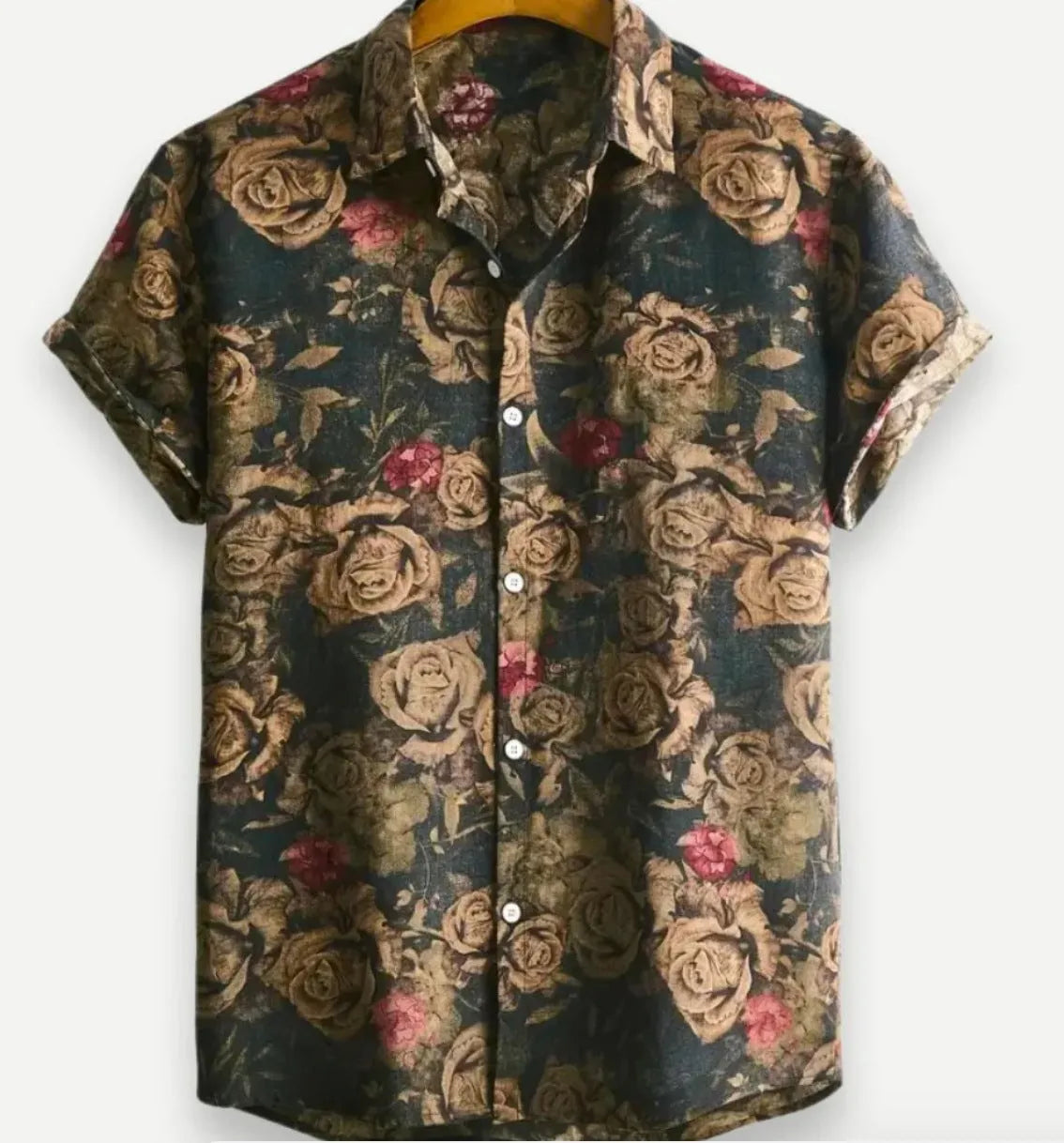 Hawaiian print short sleeve shirt with lapel collar showing floral digital printing on elastic polyester fabric