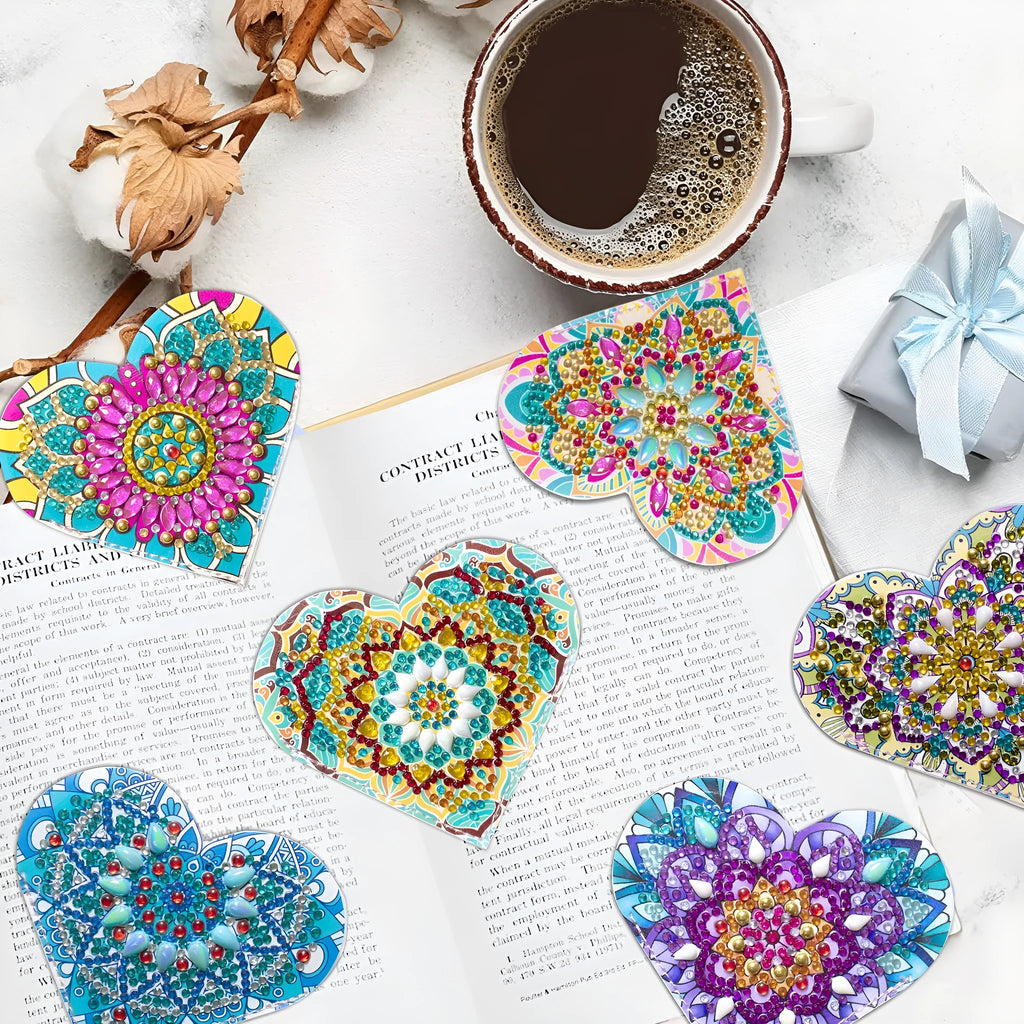 Six PU leather handmade bookmarks with crystal flower cornerite designs in modern simplicity style
