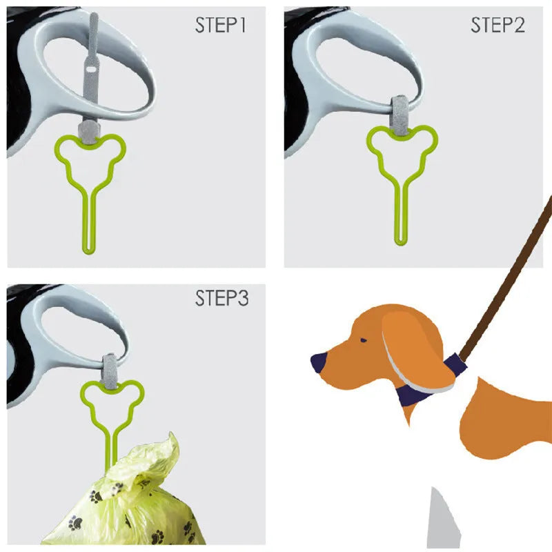 Hands-free dog poop bag holder with Velcro strap attached to a leash.