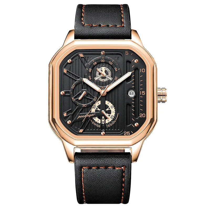 Men's multifunctional quartz watch with belt-style strap showing black shell with gold nails design