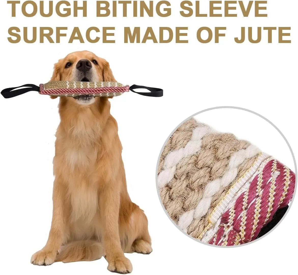 Beige jute dog tug toy with two fabric handles for interactive tug-of-war training
