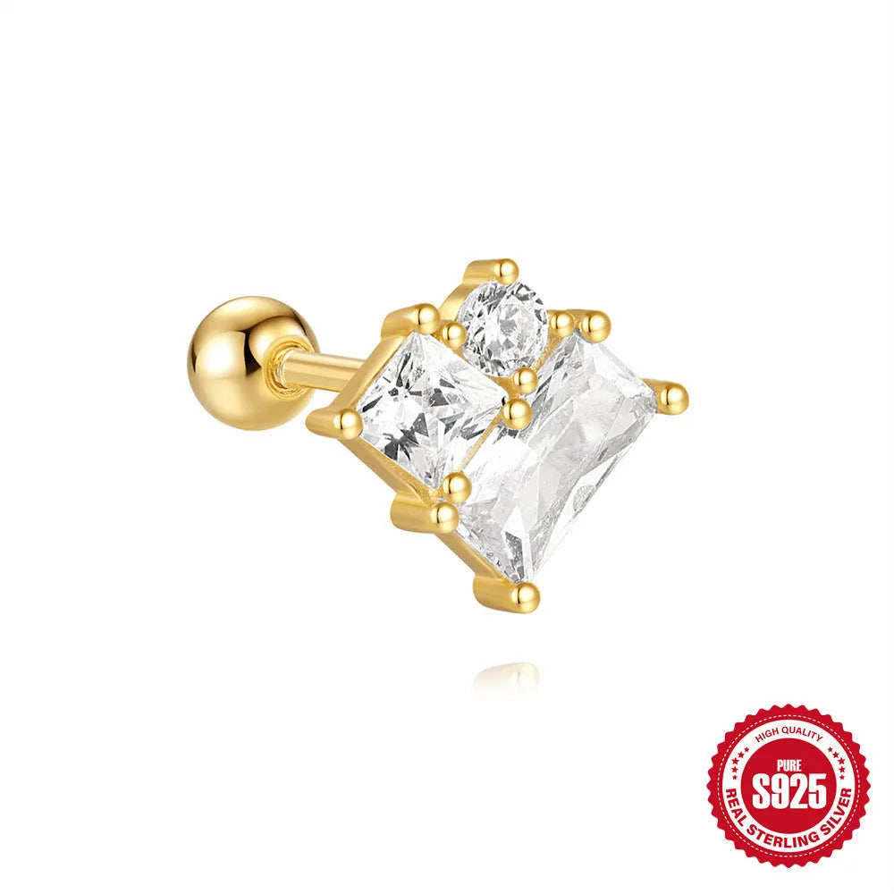 S925 sterling silver stud earrings with red square gravel stones and flower design in gold finish