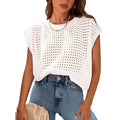 White loose fit crochet sleeve pullover sweater with round neck