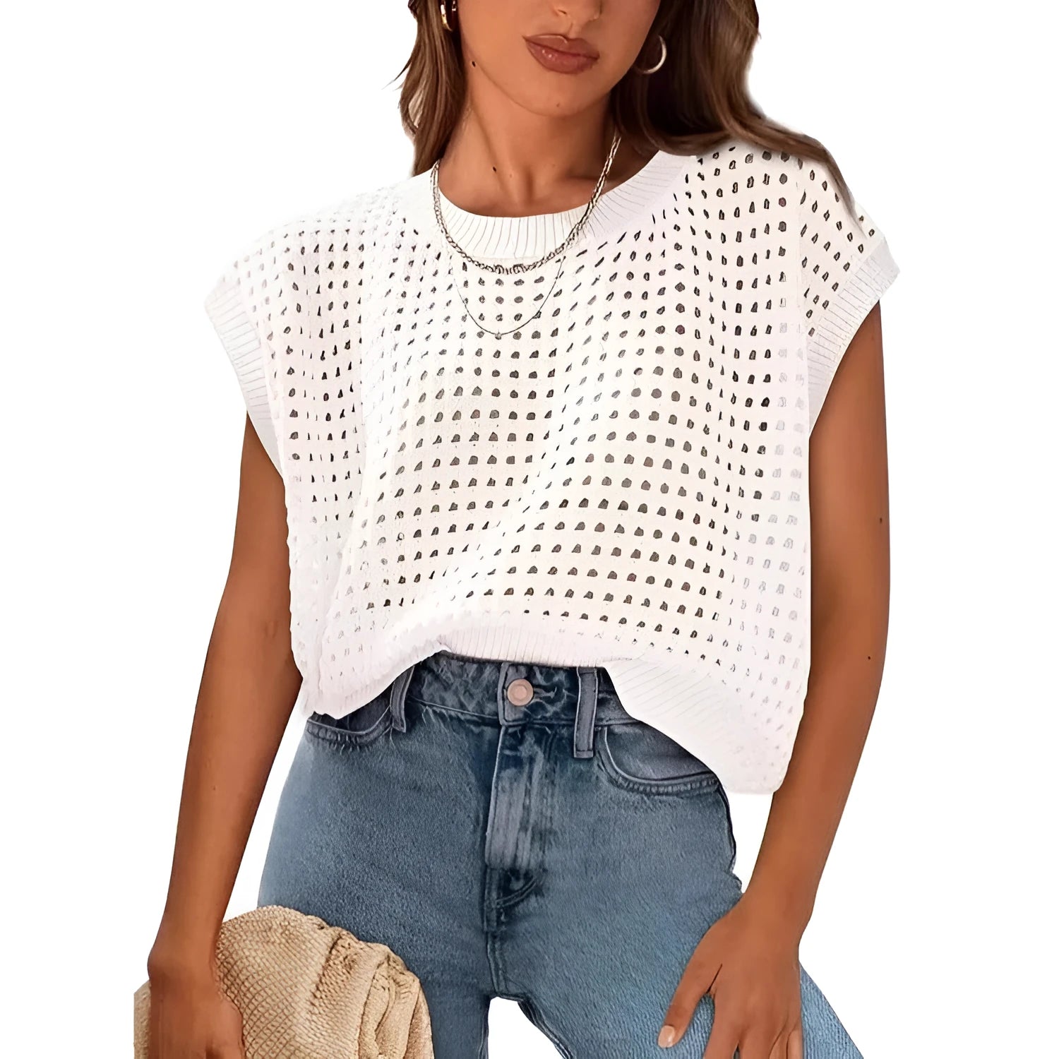 White loose fit crochet sleeve pullover sweater with round neck