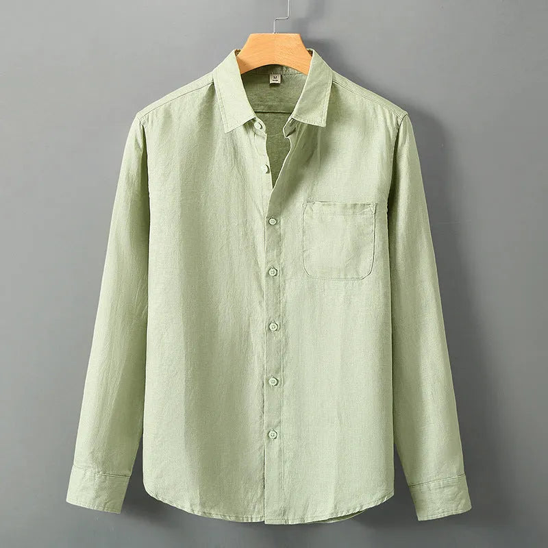 Long sleeve linen shirt in loose fit Chinese cardigan style available in seven colours