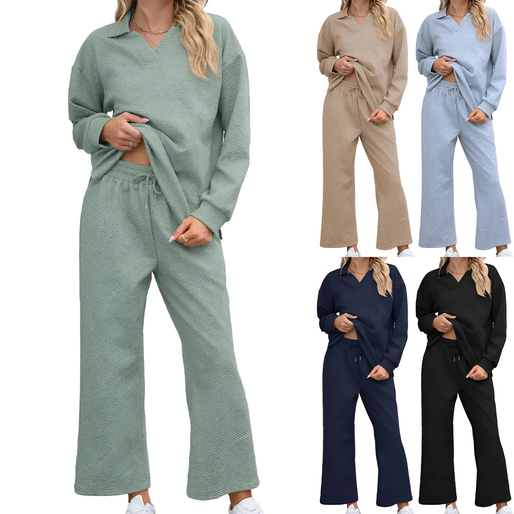 Women's geometric patterned knitted suit set with lapel sweater and cropped trousers in multiple colours.