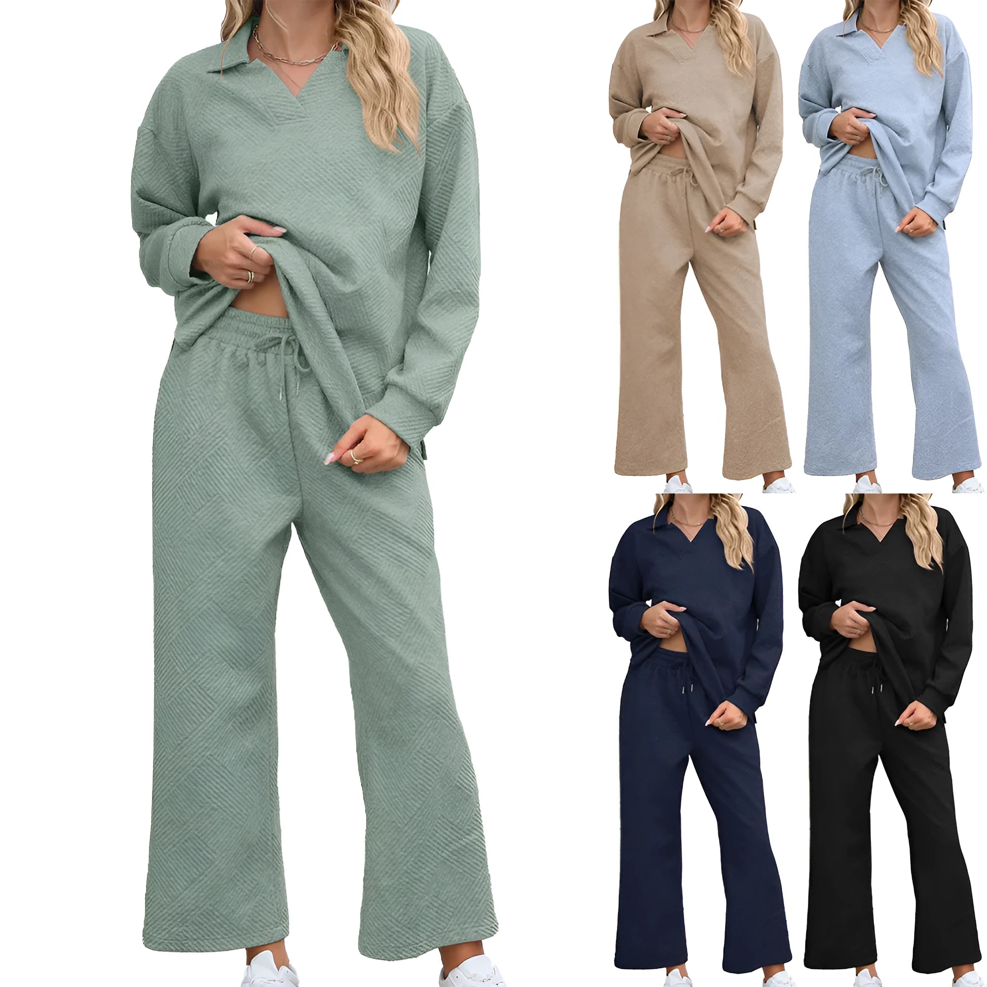 Women's geometric patterned knitted suit set with lapel sweater and cropped trousers in multiple colours.