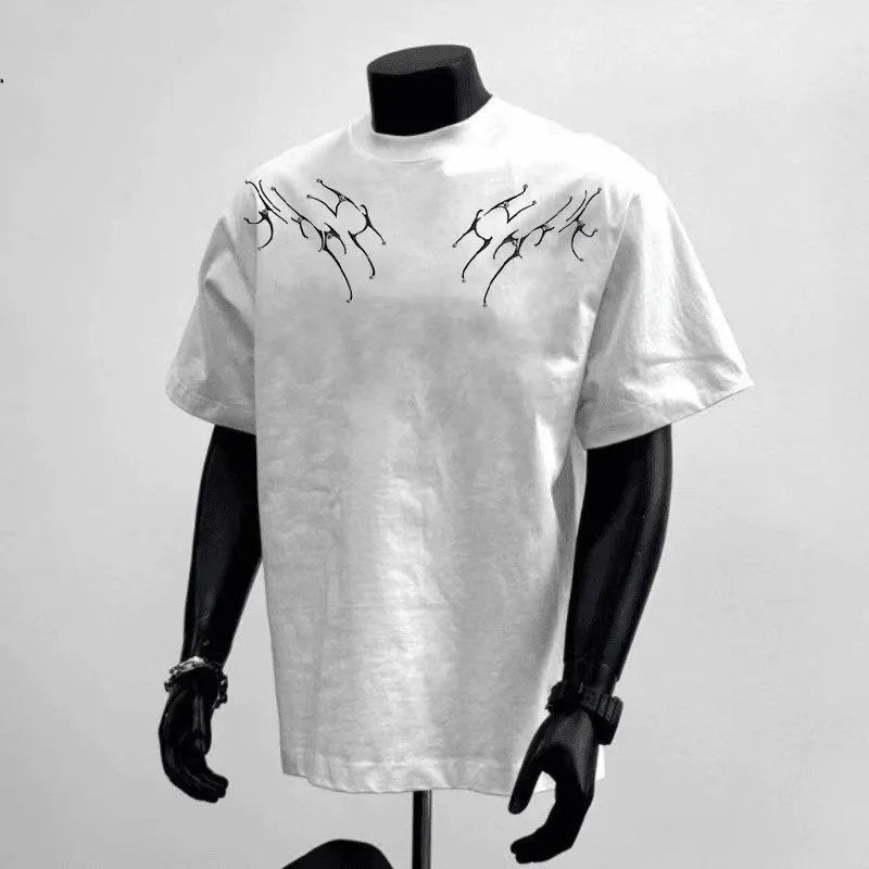 Men's loose fit black printed cotton short sleeve t-shirt on hanger