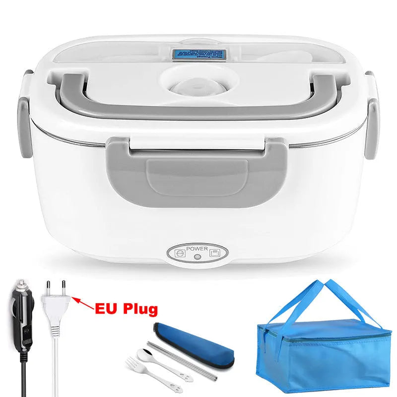 Grey electric lunch box with dual car and home power capability, 1.2 litre capacity, and choice of stainless steel or plastic inner tank