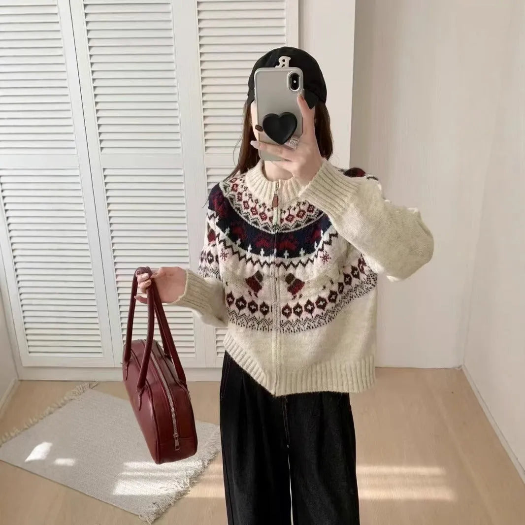 Ethnic style jacquard pullover sweater with 3D pattern in beige apricot colour showing loose fit and round neck