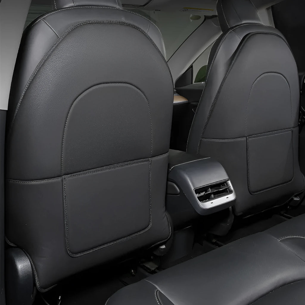 Black leather rear anti kick pad for car seat protection, showing single pocket and dimensions.